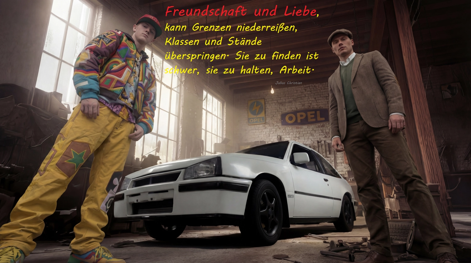 Julius Christian - Roman für alternative Realität - Eine filmische Aufnahme eines weißen Opel Kadett aus den 1980er-Jahren, geparkt auf einem Kopfsteinpflaster. Zwei Männer sind zu sehen – einer im Hintergrund mit Schiebermütze, der andere links. Ein deutscher Text darüber handelt von Freundschaft, Liebe und Arbeit.