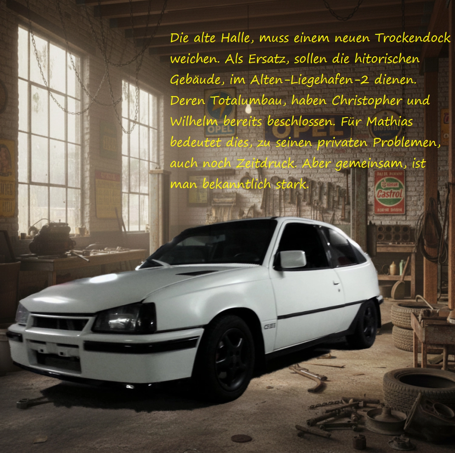 Julius Christian - Roman für alternative Realität - Ein weißer Opel Kadett steht in einer großen Industriehalle mit hohen Fenstern. Sonnenlicht strömt durch das Glas und betont die kantige Form des Wagens. Ein gelber Textblock auf Deutsch beschreibt die Geschichte des Gebäudes.